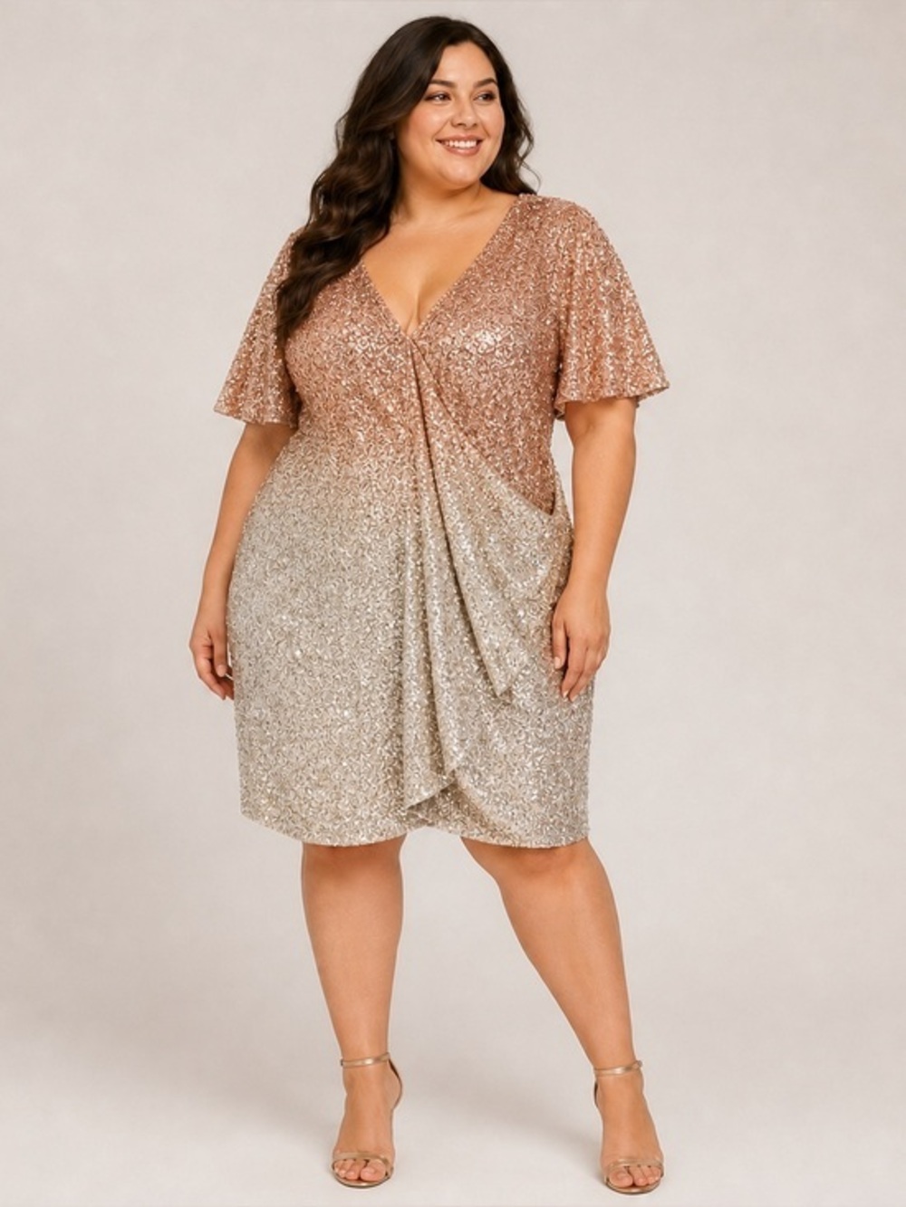 Badgley Mischka Rose Gold Sequin Cocktail Dress Plus Size 22 Glam